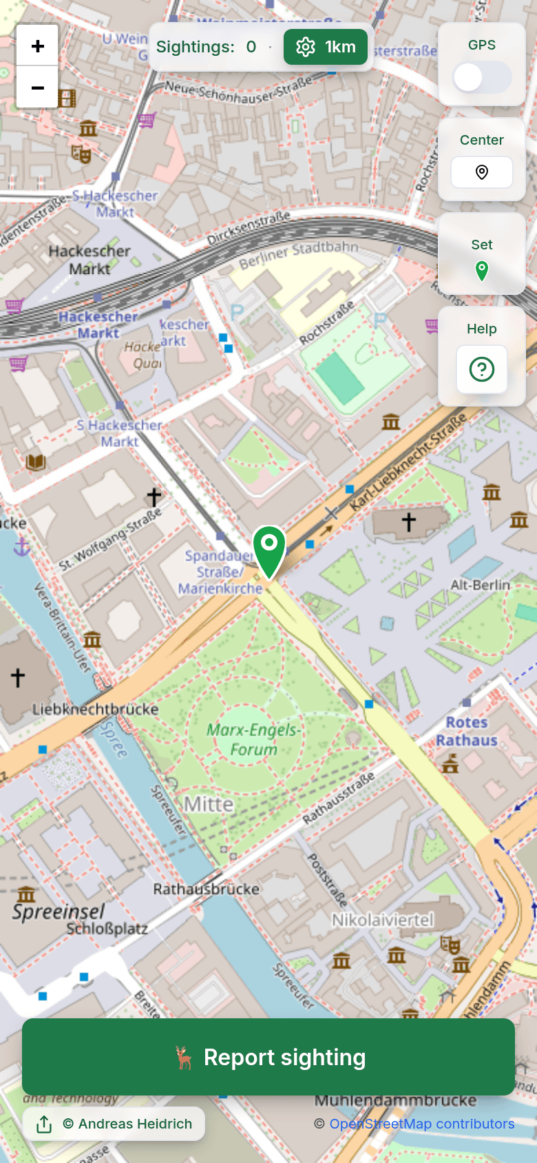 Interactive map showing wildlife sightings