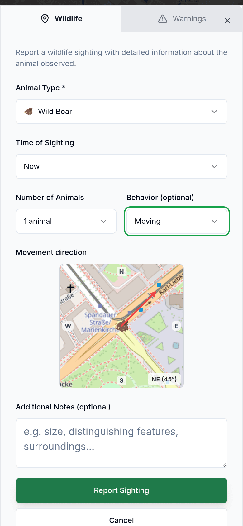 Report a sighting with animal type and direction