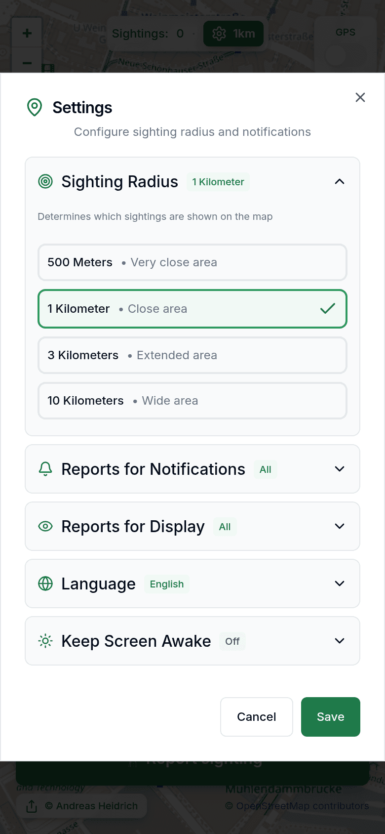 Settings with sighting radius and notifications