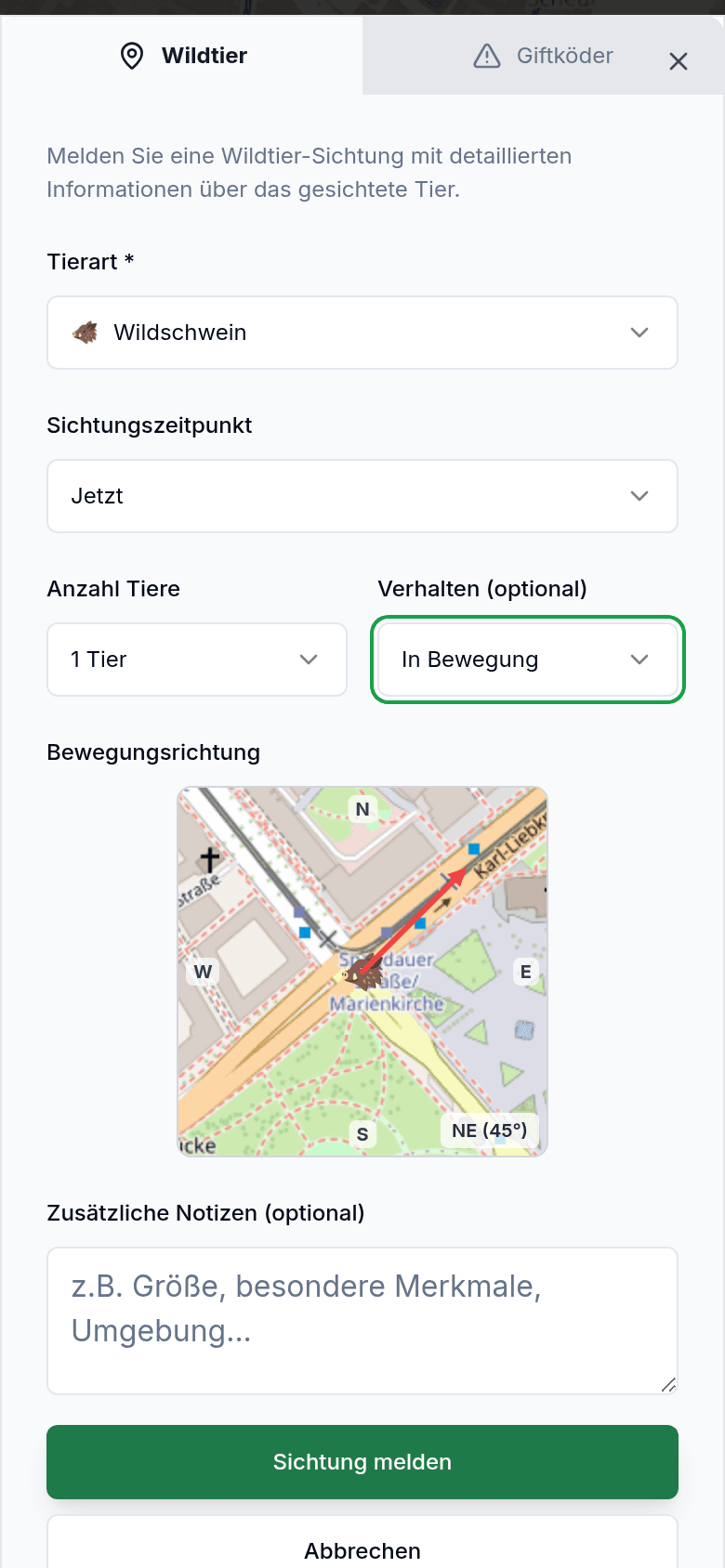 Sichtung melden mit Tierart und Richtung