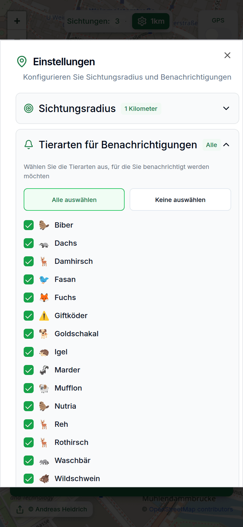 Einstellungen mit Sichtungsradius und Benachrichtigungen
